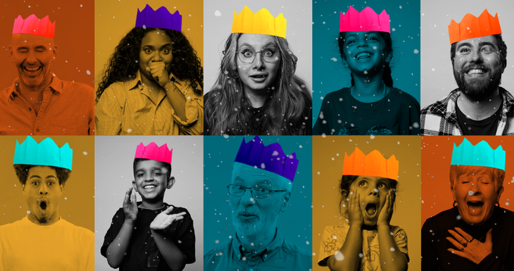 Image of people with different expressions with super imposed Christmas hats on