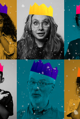 Image of people with different expressions with super imposed Christmas hats on