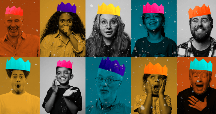 Image of people with different expressions with super imposed Christmas hats on