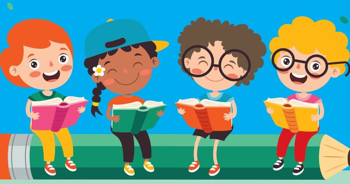 Cartoon of children sitting on a giant pencil reading books