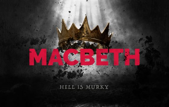 The title 'Macbeth' is in a pinky/red colour and sits bellow a golden crown. Both are surrounded by a grey haze and mud.