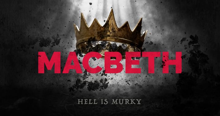 The title 'Macbeth' is in a pinky/red colour and sits bellow a golden crown. Both are surrounded by a grey haze and mud.