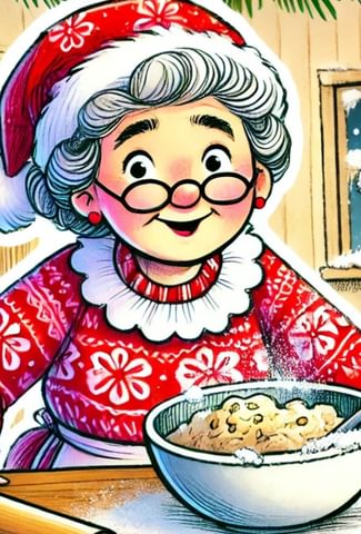Mrs Clause stands at a kitchen counter wearing a red Santa hat. She is mid stirring chocolate chip cookie batter.