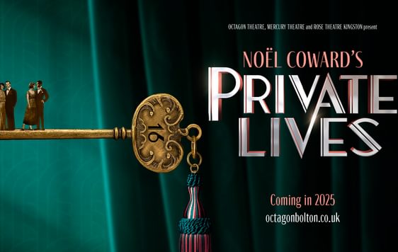 A golden key with the number 16 on its head, with a green and yellow tassel hanging from the head of the key. On the bottom of the key stand four people, two men and to women.