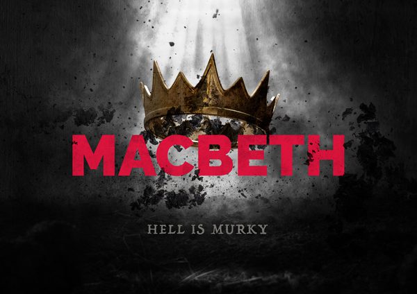 The title 'Macbeth' is in a pinky/red colour and sits bellow a golden crown. Both are surrounded by a grey haze and mud.