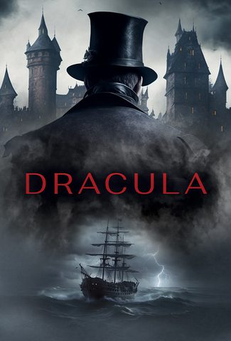 Dracula facing a castle and ship at night