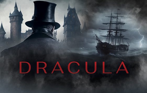 Dracula facing a castle and ship at night