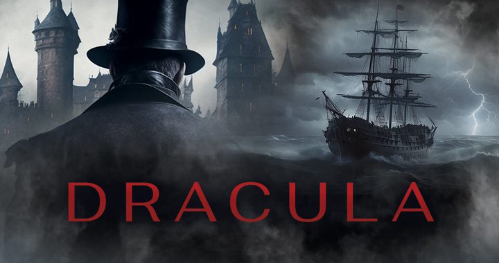 Dracula facing a castle and ship at night