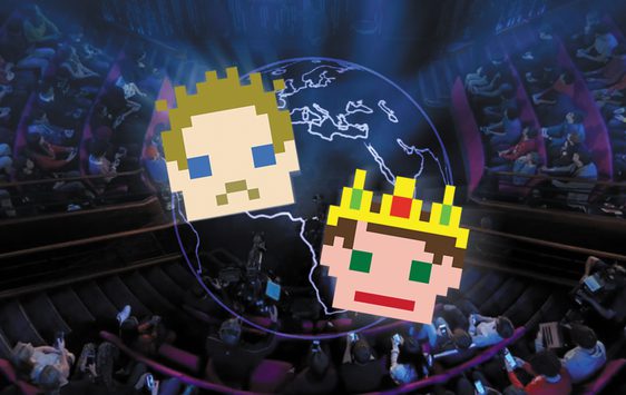 Two graphic heads in front of a graphic of the earth