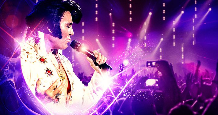 Elvis singing on a mic with a purple background