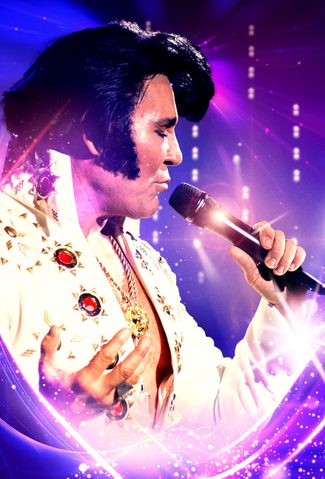 Elvis singing on a mic with a purple background