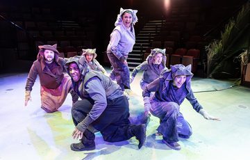 A woman in a grey costume standing on a rock. Five people in grey costumes squatting around. With white lights around them.