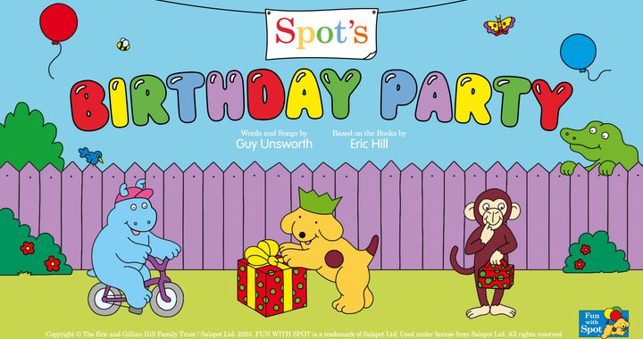 image of spot the dog with friends and a banner saying birthday party above them
