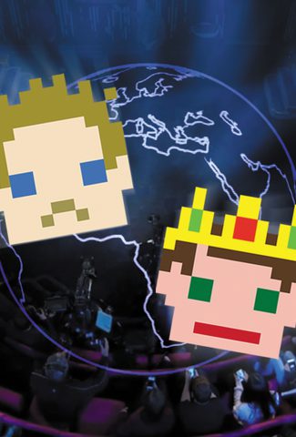 Two graphic heads in front of a graphic of the earth