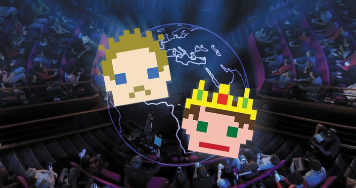 Two graphic heads in front of a graphic of the earth