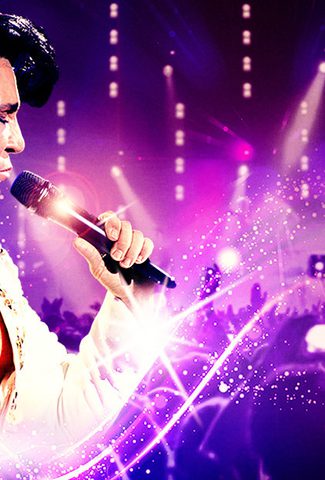 Elvis singing on a mic with a purple background