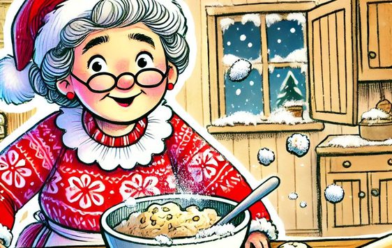 Mrs Clause stands at a kitchen counter wearing a red Santa hat. She is mid stirring chocolate chip cookie batter.