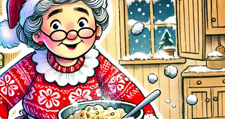Mrs Clause stands at a kitchen counter wearing a red Santa hat. She is mid stirring chocolate chip cookie batter.