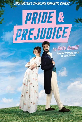 A man and woman in regency clothes leaning back to back