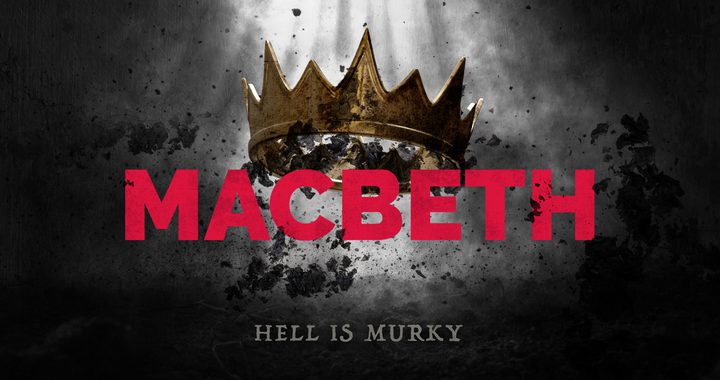 The title 'Macbeth' is in a pinky/red colour and sits bellow a golden crown. Both are surrounded by a grey haze and mud.
