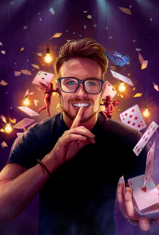 Cover art showing a man surrounded by magic cards and lights