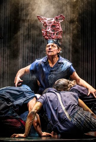 A person with a headpeice representing a pig kneeling on floor with a group of people hurdled around with their heads down