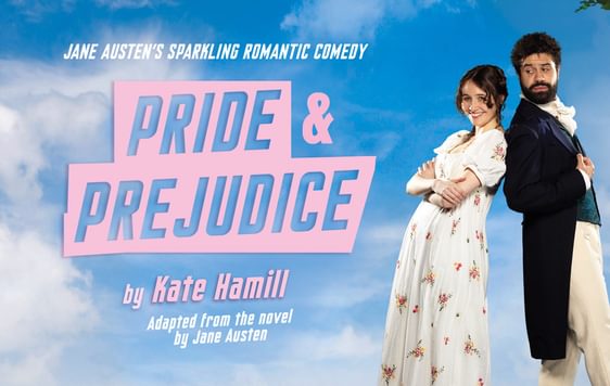 A man and woman in regency clothes leaning back to back