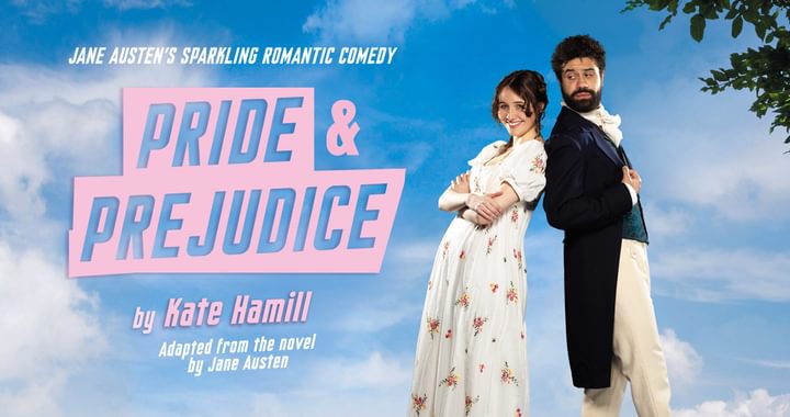 A man and woman in regency clothes leaning back to back