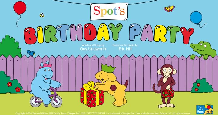 image of spot the dog with friends and a banner saying birthday party above them